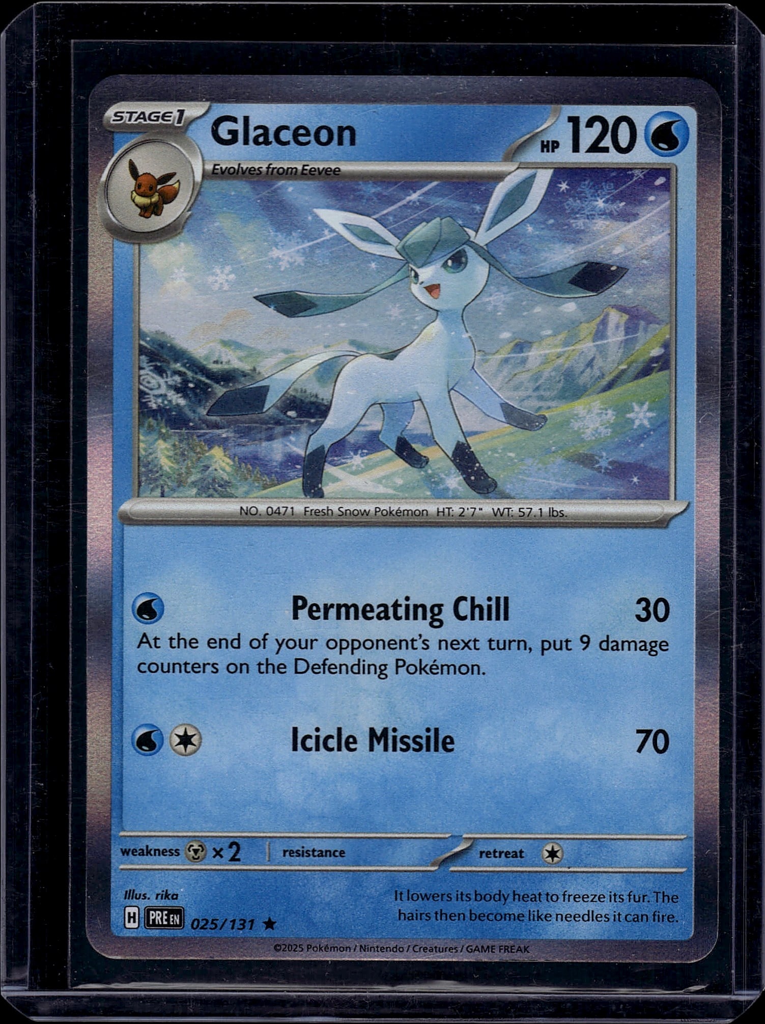 Glaceon 025/131 Scarlet & Violet Pokemon TCG: This is a raw Glaceon Pokemon Trading Card Game single from the Scarlet & Violet set, card number 025/131. Glaceon is a Stage 1 Water-type Pokemon that evolves from Eevee, featuring 120 HP and
