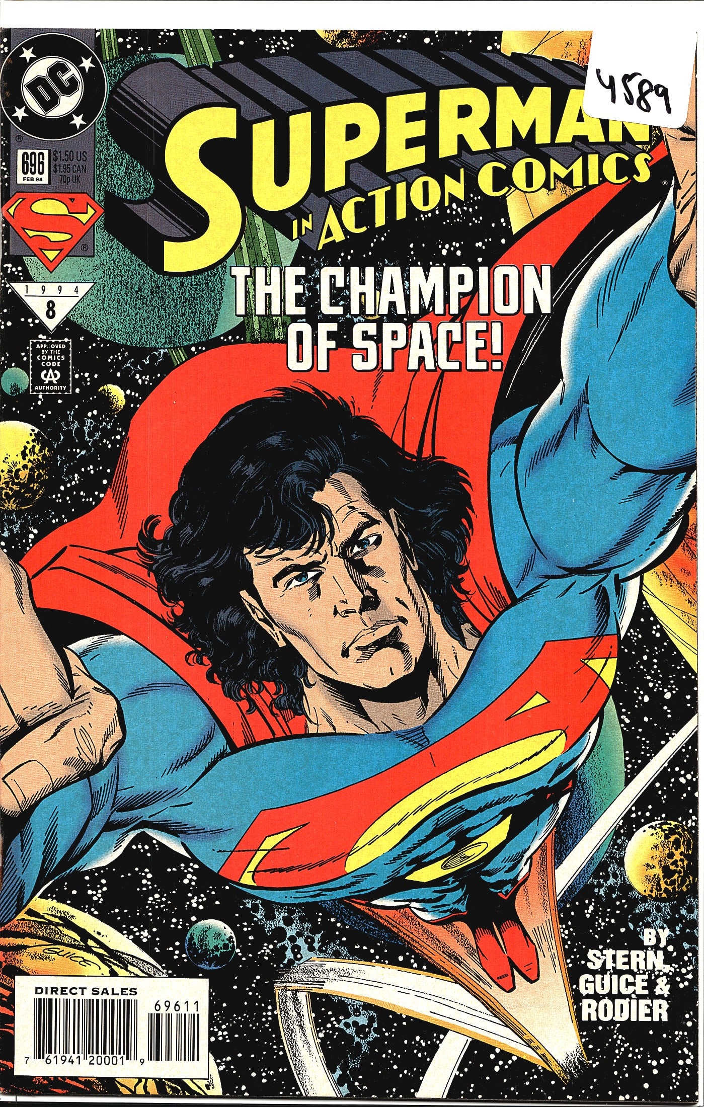 Superman in Action Comics #696 DC 1994 The: Superman in Action Comics #696, published by DC Comics, cover dated February 1994. This issue features the story 'The Champion of Space!' with Superman depicted flying through space in his classic blu