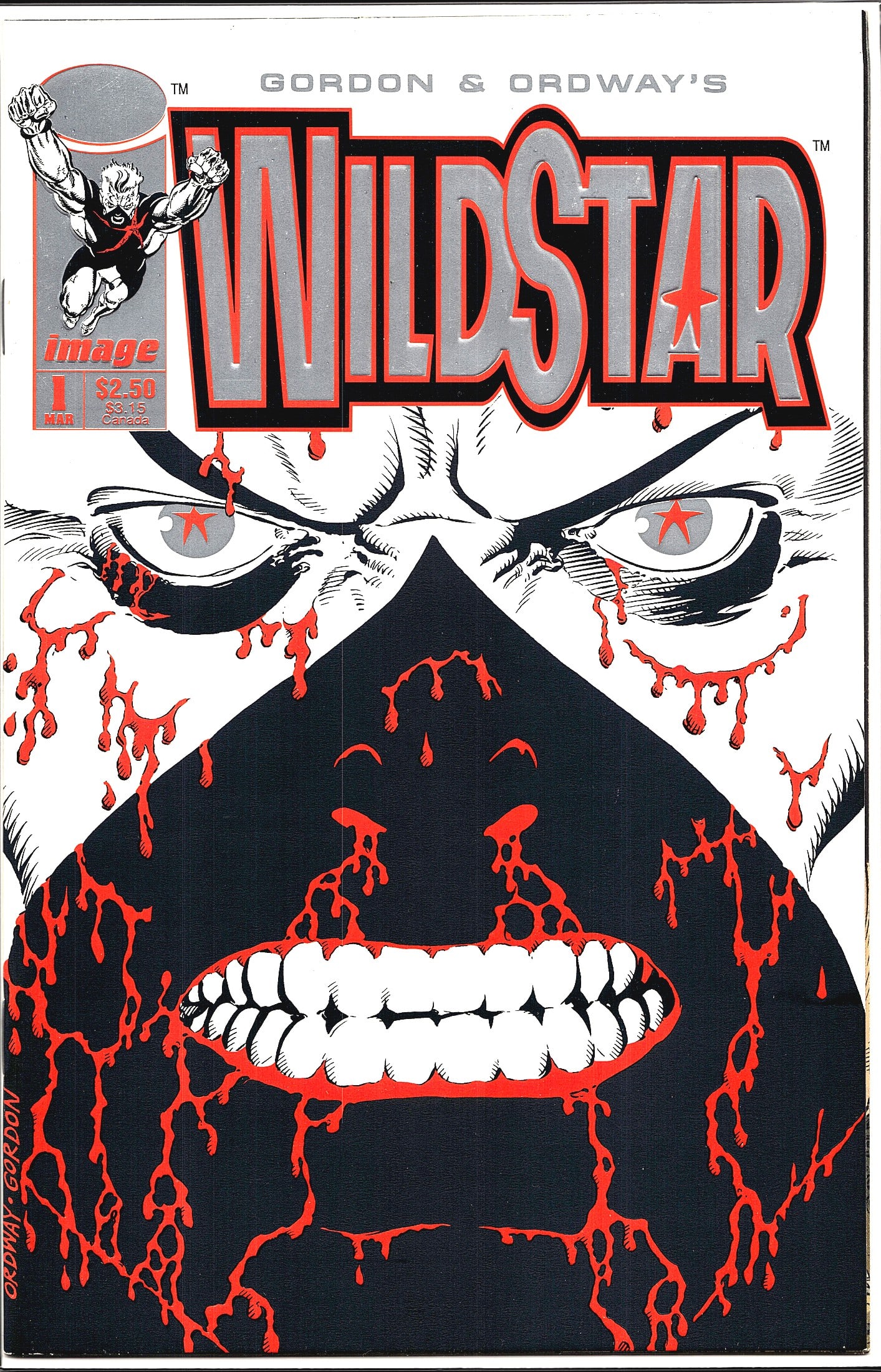 1993 Image Comics WildStar Sky Zero #1 Embossed: WildStar #1, published by Image Comics, dated March 1993, created by Gordon and Ordway. This is the debut issue of the WildStar series, featuring a striking black, white, and red cover with a
