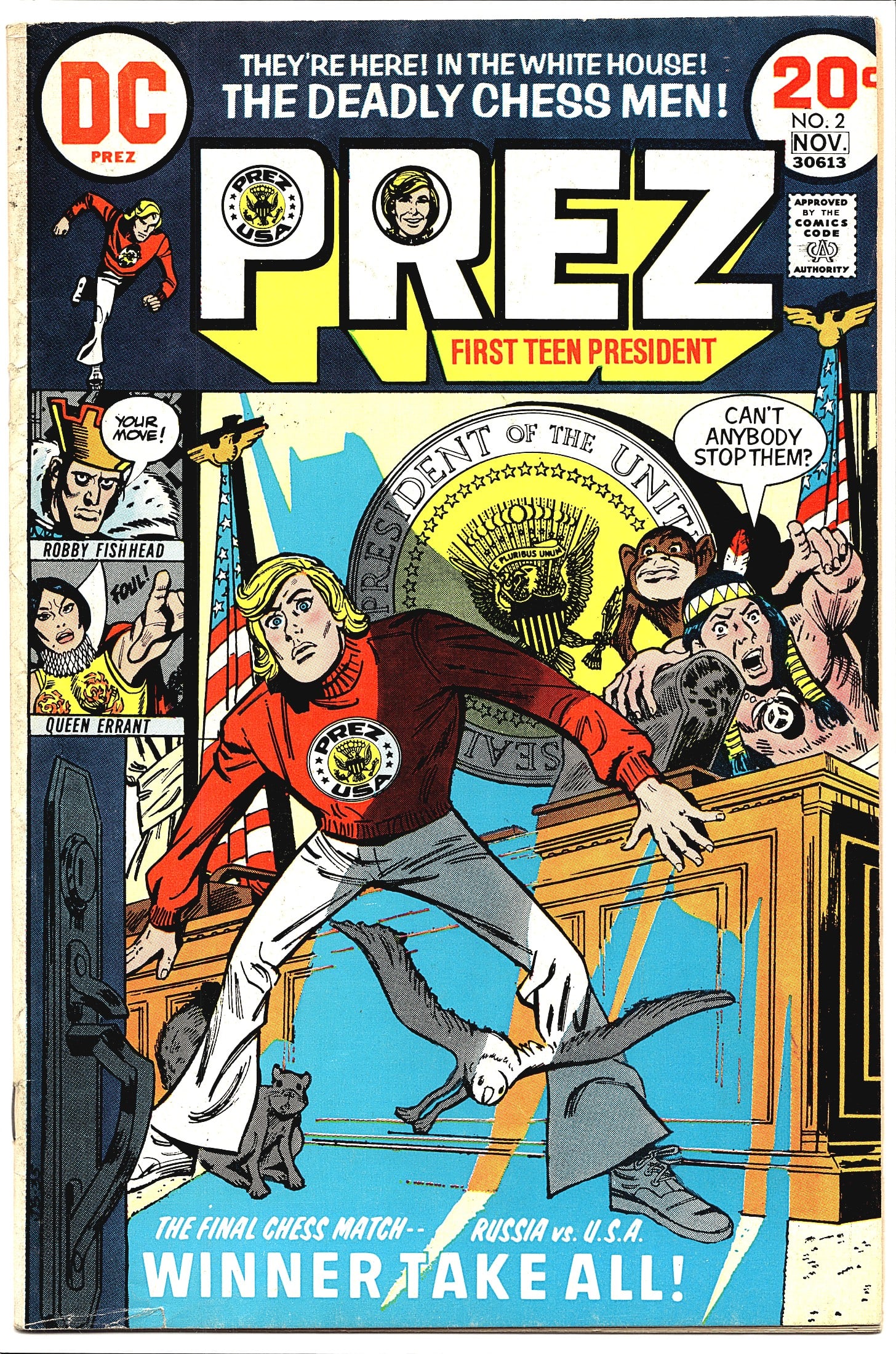 Prez #2 First Teen President DC Comics 1973: This is issue #2 of Prez: First Teen President, published by DC Comics in November 1973, priced at 20 cents on the cover. The cover features the young teen president character in an action pose in