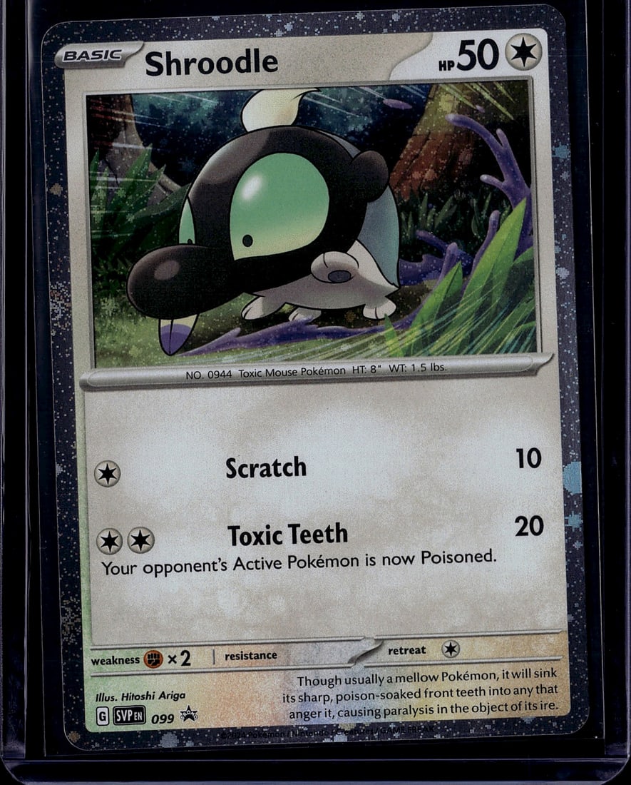 2024 Pokemon Scarlet Violet Black Star Promo SVP: Shroodle SVP 099 is a Basic Colorless-type Pokemon card with 50 HP, released as a Cosmos Holofoil SVP Black Star Promo in the English Grafaiai ex Box (April 5, 2024). It features two attacks: Scratch