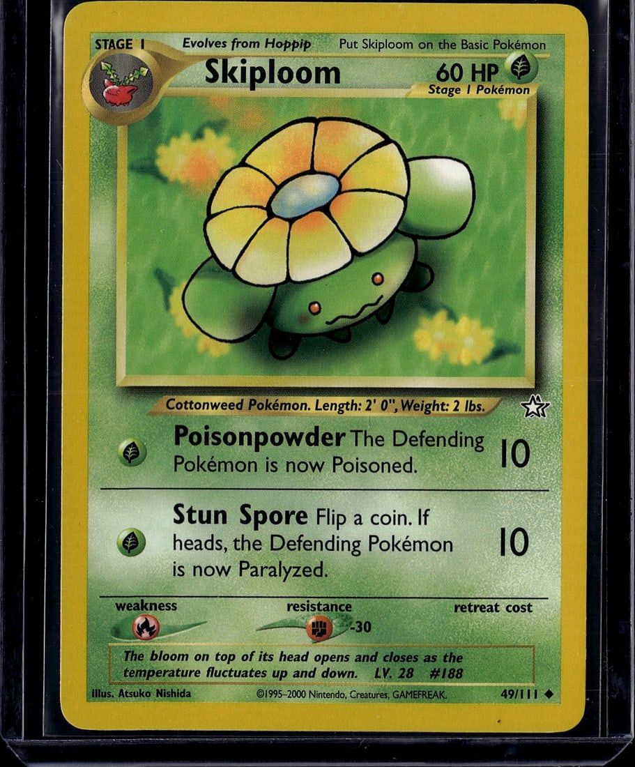 Skiploom 49/111 Neo Genesis Pokemon Card Stage 1: This is a Skiploom Stage 1 Pokemon card from the Neo Genesis set, card number 49/111, released in 2000. Skiploom is a Grass-type Cottonweed Pokemon that evolves from Hoppip, featuring the iconic