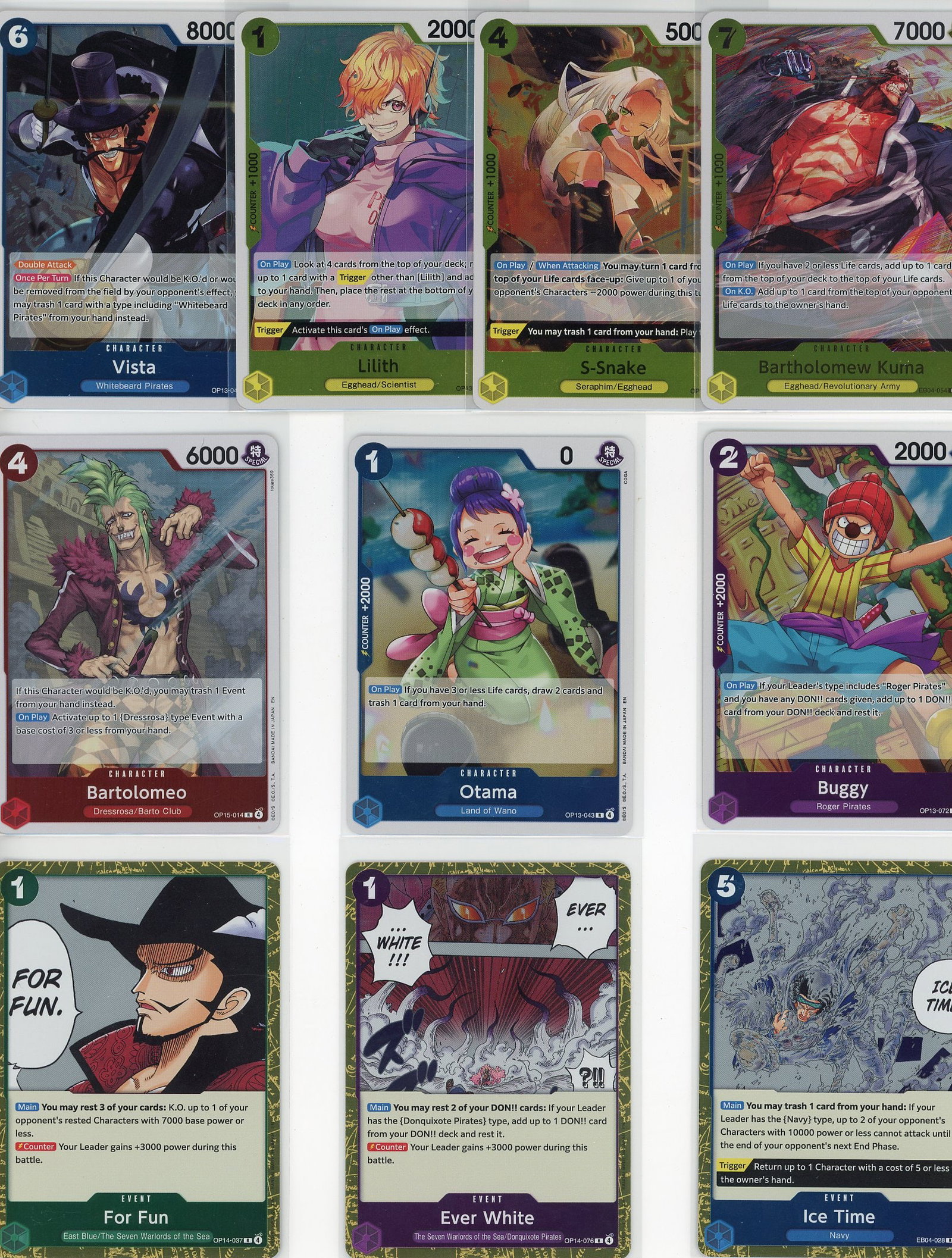 Lot of 10 One Piece Foil Trading Cards - Bandai: This lot contains 10 One Piece Trading Card Game foil cards from Bandai's popular TCG series. The collection features a mix of character cards including notable characters from the One Piece universe