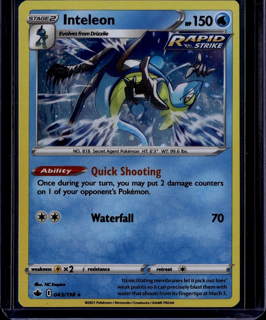 2021 Pokemon Sword & Shield Inteleon 043/198: This is a raw 2021 Pokemon Trading Card Game card featuring Inteleon, the Stage 2 evolution of Drizzile. Card number 043/198 from the Sword & Shield set, this Water-type Pokemon boasts 150 HP and
