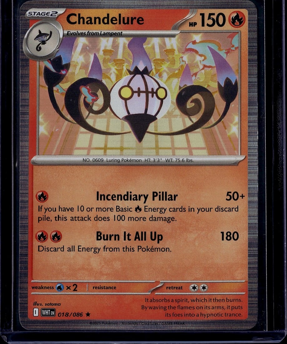 2025 Chandelure 018/086 Scarlet Violet White: Chandelure is a Fire-type Stage 2 Pokemon card with 150 HP from the Scarlet & Violet: White Flare expansion (SV10.5), released July 2025. It features two attacks: Incendiary Pillar (50+ damage,