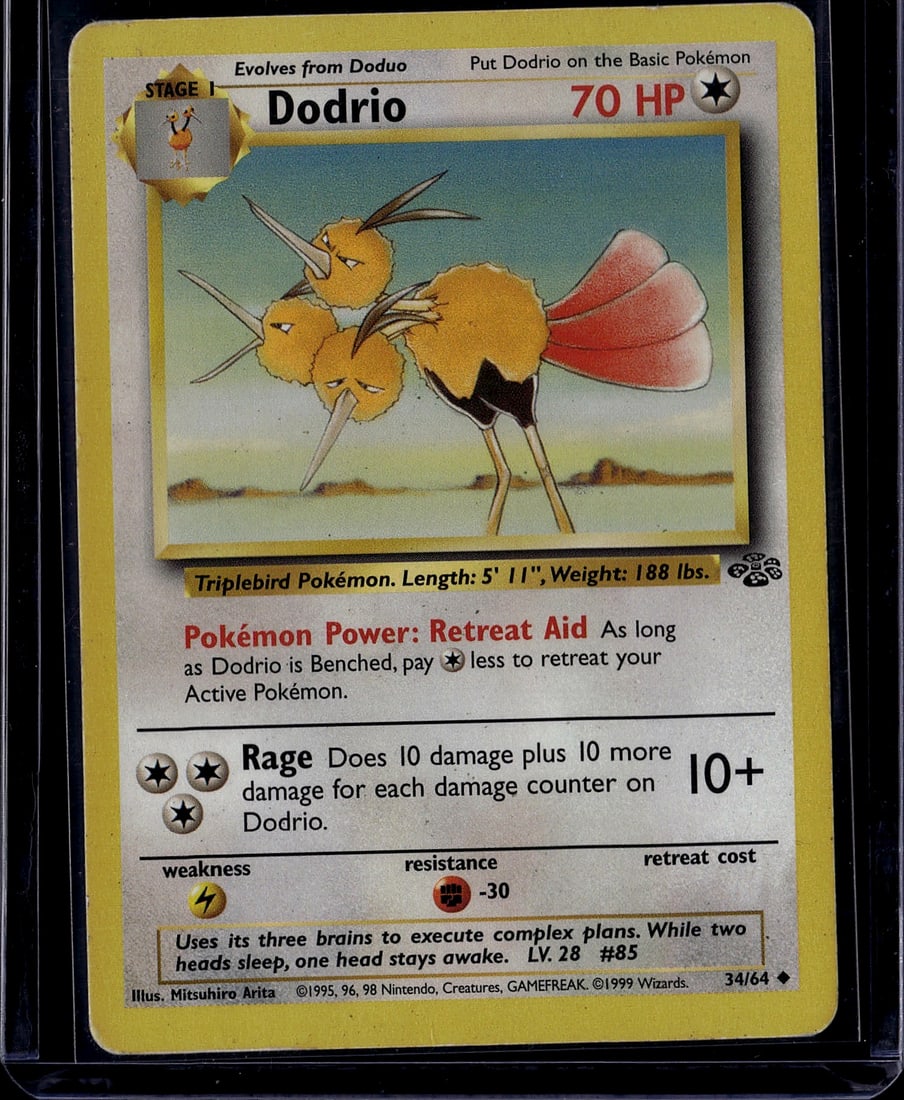 1999 Pokemon Jungle Dodrio 34/64 Wizards of the: Dodrio is card #34/64 from the Pokemon TCG Jungle expansion, released June 16, 1999 by Wizards of the Coast. It is an Uncommon Stage 1 Colorless-type Pokemon card illustrated by Mitsuhiro Arita,