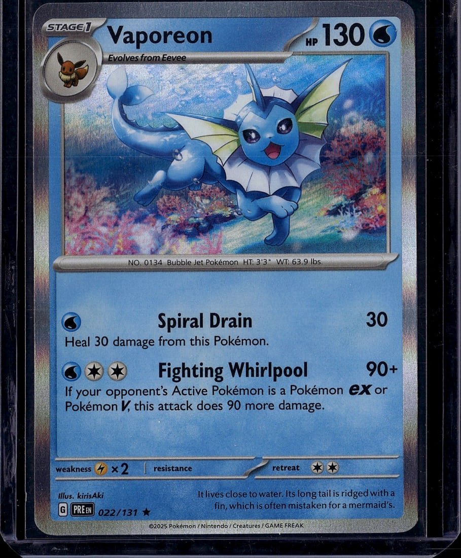Vaporeon 022/131 Scarlet & Violet Pokemon Card: This is a raw Vaporeon Pokemon single card from the Scarlet & Violet set (Card #022/131). Vaporeon is a Stage 1 Water-type Pokemon that evolves from Eevee, featuring 130 HP and beautiful modern set