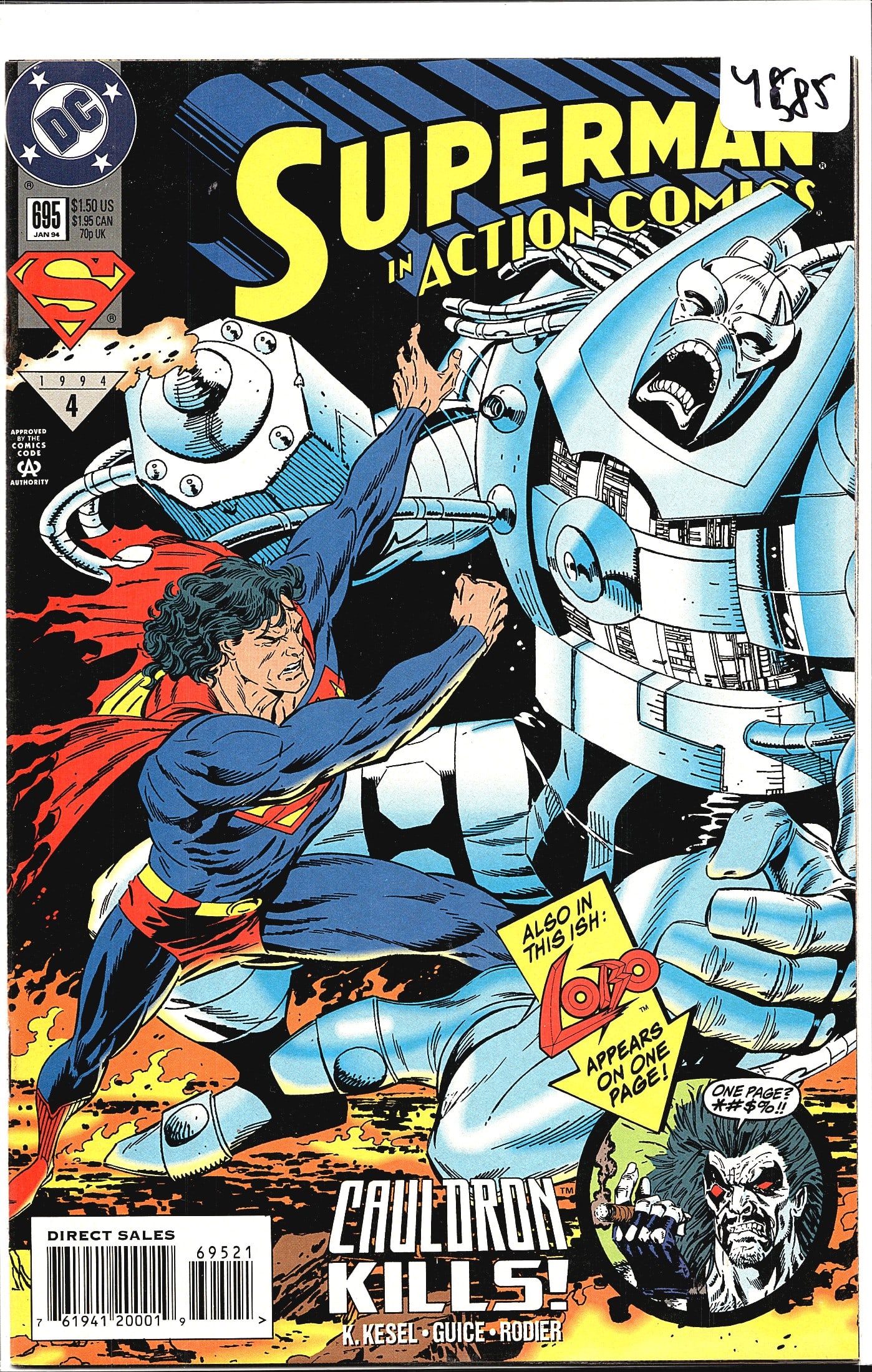 1994 DC Comics Action Comics #695 Superman Comic: Superman in Action Comics #695, published by DC Comics in January 1994. This issue features the story 'Cauldron Kills!' with credits to K. Kesel, Guice, and Rodier. The cover depicts Superman battling
