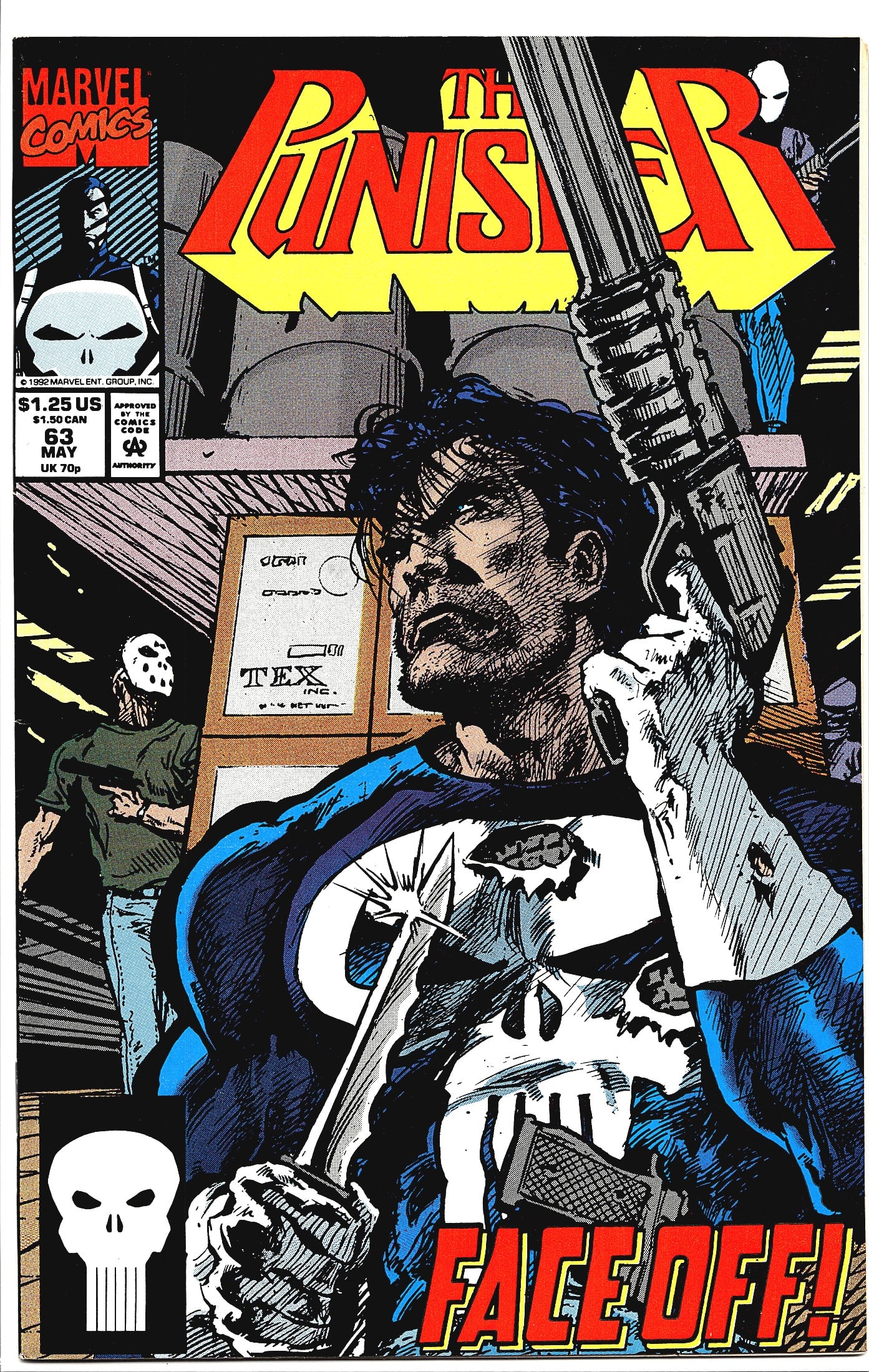 1992 Marvel The Punisher 2nd Series #63 Comic: This is issue #63 of Marvel Comics' The Punisher ongoing series, cover-dated May 1992 and priced at $1.25 US / $1.50 CAN / 70p UK. The cover art features a dynamic close-up of Frank Castle gripping a