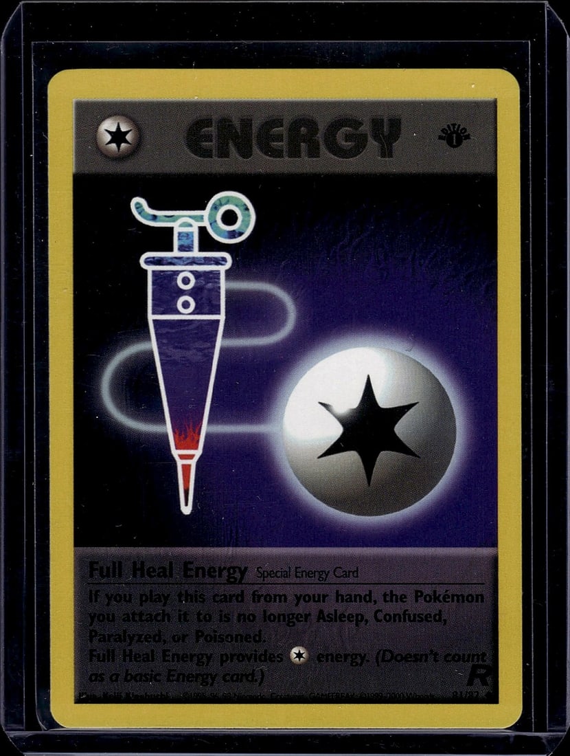 Full Heal Energy Neo Genesis 105/111 Pokemon: This is a Full Heal Energy Special Energy card from the Pokemon Trading Card Game Neo Genesis set, released in 2000. The card features iconic artwork with a glowing orb and healing apparatus against a