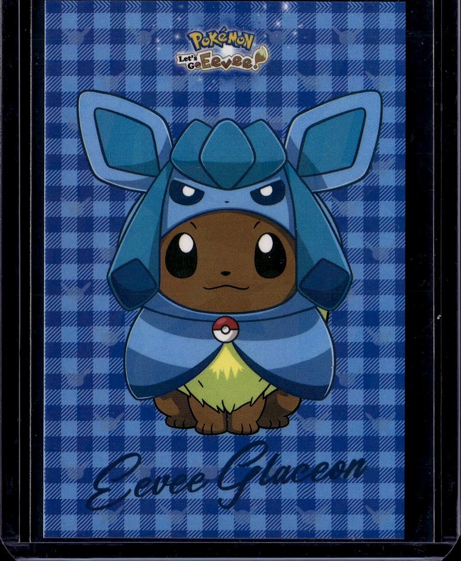 Pokemon Let's Go Eevee Official Merchandise Card: This is an official Pokemon Let's Go Eevee collectible card featuring the beloved Eevee character in its iconic blue outfit from the game. The card showcases high-quality artwork with Eevee centered