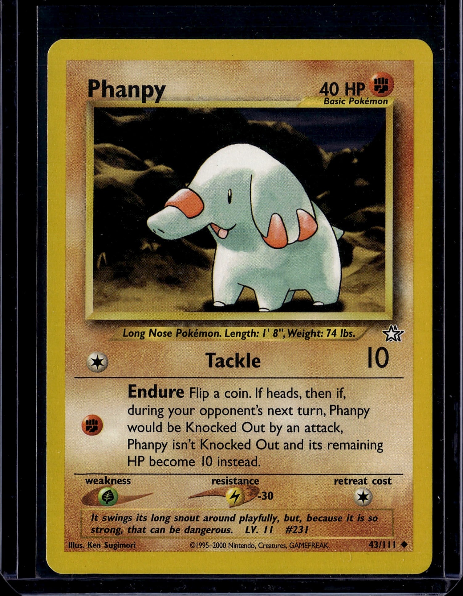 Phanpy 43/111 Neo Genesis Pokemon Card Single: This is a vintage Phanpy Pokemon trading card from the Neo Genesis set, card number 43/111, published in 2000. Phanpy is a Basic Fighting-type Pokemon with 40 HP featuring the iconic Long Nose