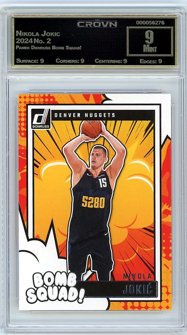 2024 Nikola Jokic Panini Donruss Bomb Squad #2: This is a 2024 Nikola Jokic card from the Panini Donruss Bomb Squad! set, card number 2. It has been professionally graded and encased in a protective slab, making it ideal for collectors and