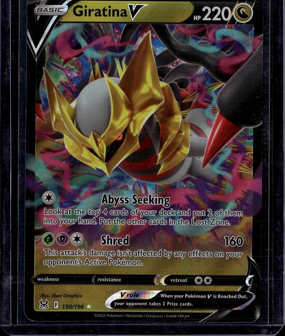 2022 Pokemon Lost Origin Giratina V 130/196 Near: This is a raw Giratina V Pokemon Trading Card from the 2022 Lost Origin set. The card features Giratina in its V form with 220 HP and showcases vibrant artwork typical of modern Pokemon TCG cards.