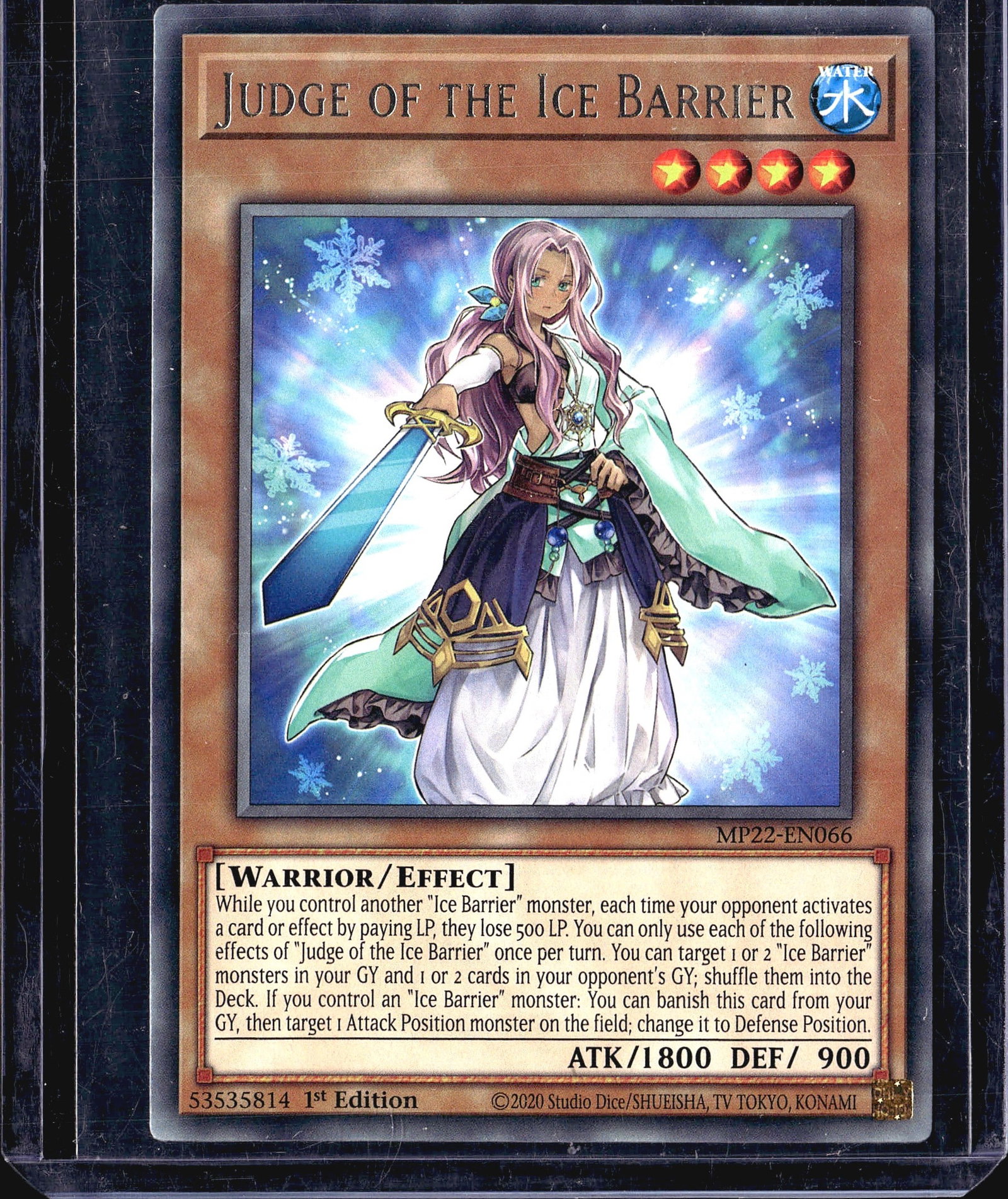 2020 Konami Yu-Gi-Oh Judge of the Ice Barrier: This is a 2020 Konami Yu-Gi-Oh Trading Card Game card featuring Judge of the Ice Barrier, card number MP22-EN066 from the Tin of the Pharaoh's Gods set. The card is offered in raw condition without