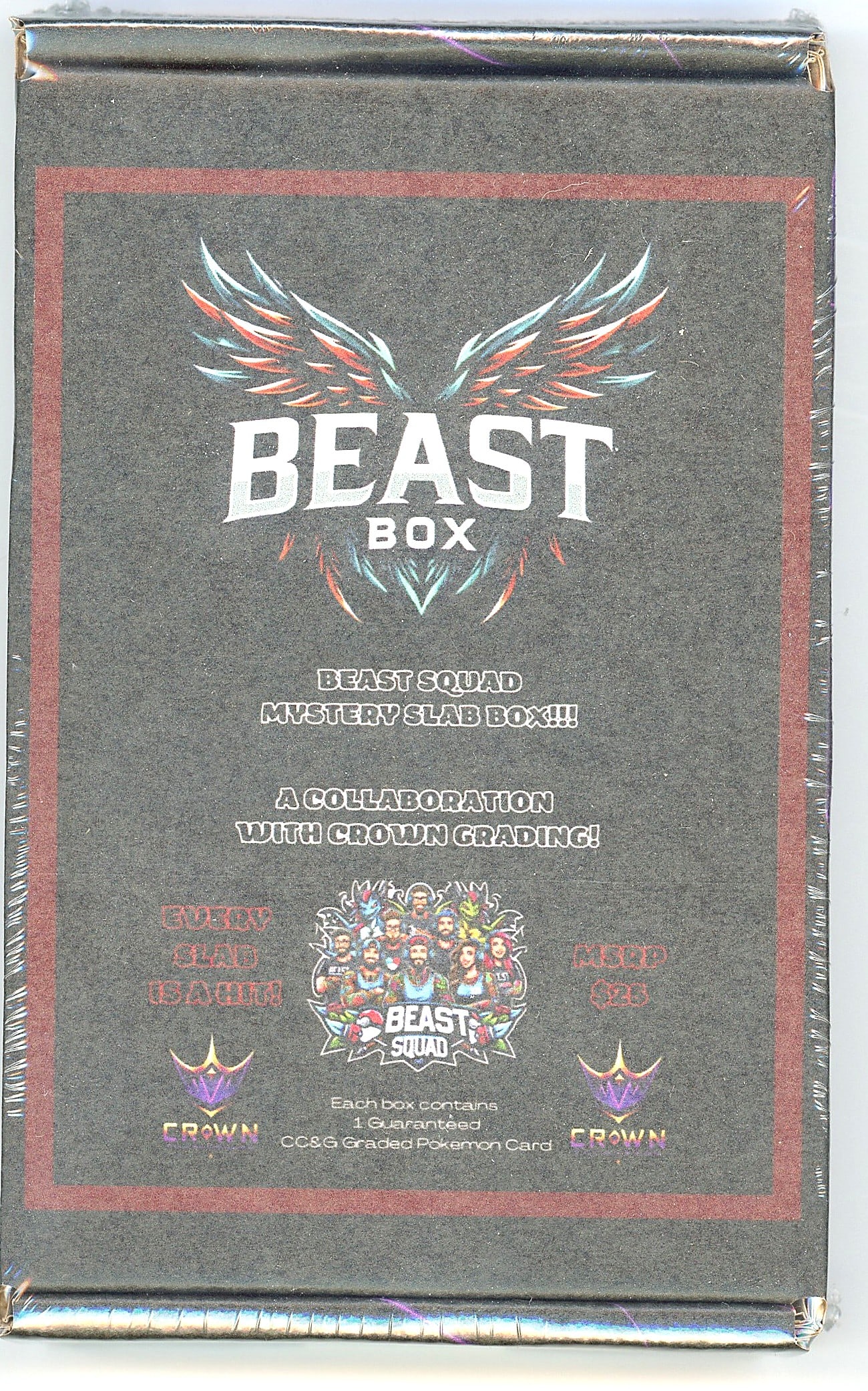 Beast Squad Mystery Slab Box Crown Grading: This is a sealed Beast Squad Mystery Slab Box, a collaboration between Beast Squad and Crown Grading (CC&G). Each box contains one guaranteed Crown CC&G graded Pokemon card slab. The box is still fact