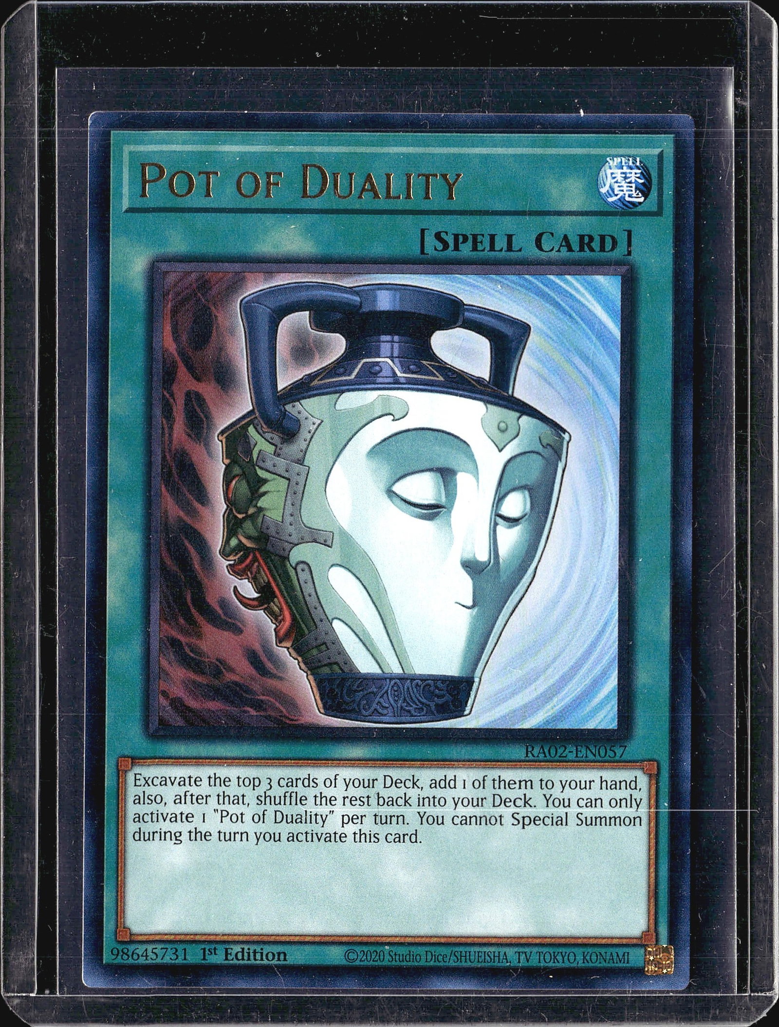 2020 Konami Legendary Decks II 1st Edition: This listing features Pot of Duality, a Normal Spell Card from the Yu-Gi-Oh! Trading Card Game, card number RA02-EN057 from the Rarity Collection II set. The card is printed in English and bears a