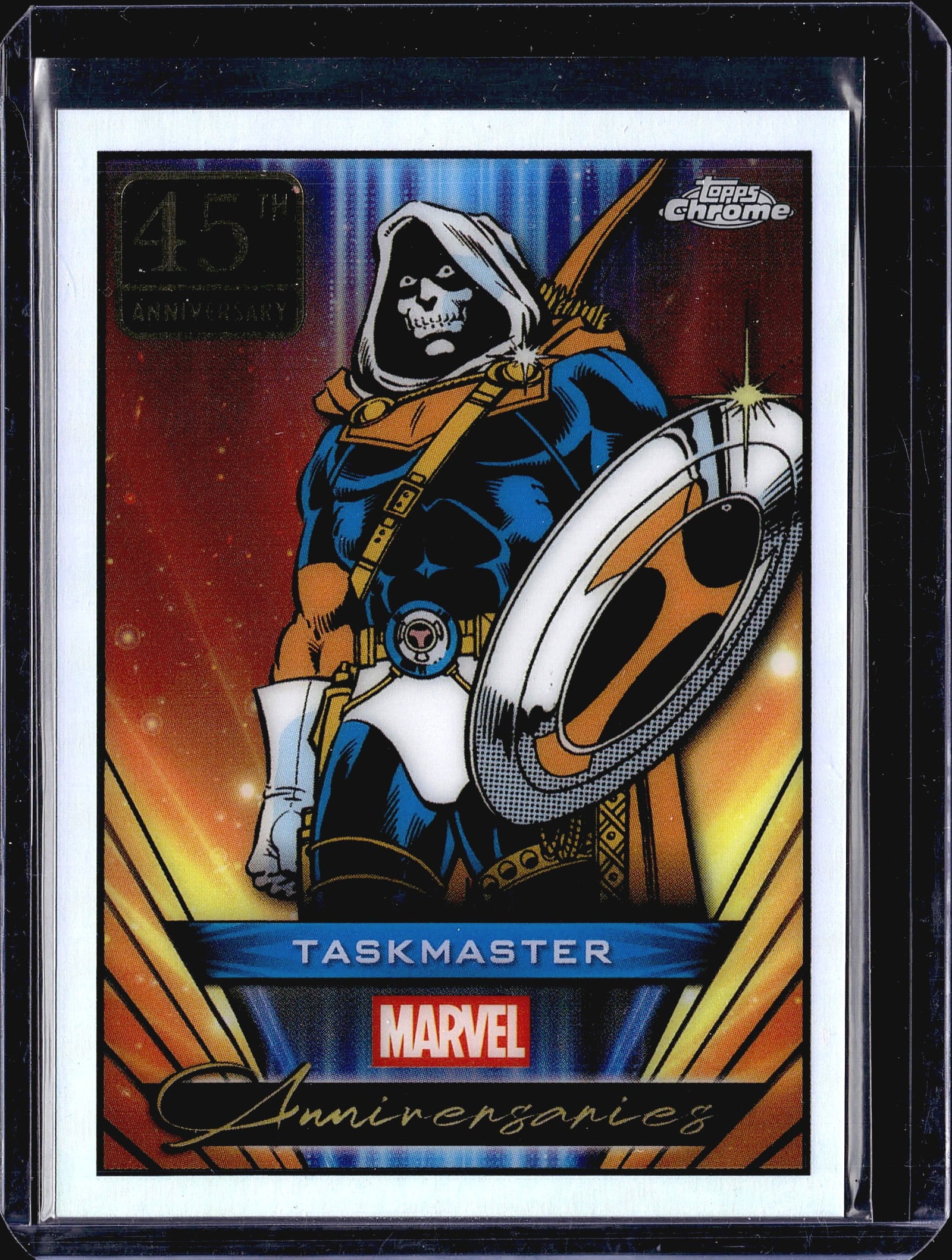 2025 Topps Marvel Anniversaries Chrome MA-16: This is a 2025 Topps Chrome Marvel Anniversaries trading card featuring Taskmaster, card number MA-16. The card celebrates 45 years of the Taskmaster character and is part of the Marvel Anniversaries