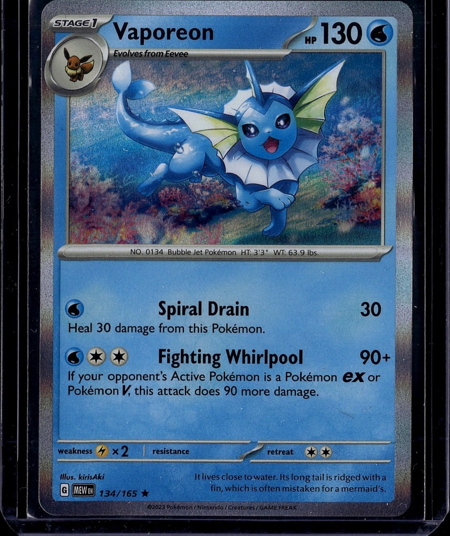Vaporeon 134/165 Scarlet & Violet Pokemon Card: This is a raw Vaporeon Pokemon trading card from the Scarlet & Violet set, card number 134/165. Vaporeon is a Stage 1 Water-type Pokemon that evolves from Eevee, featuring 130 HP and the iconic