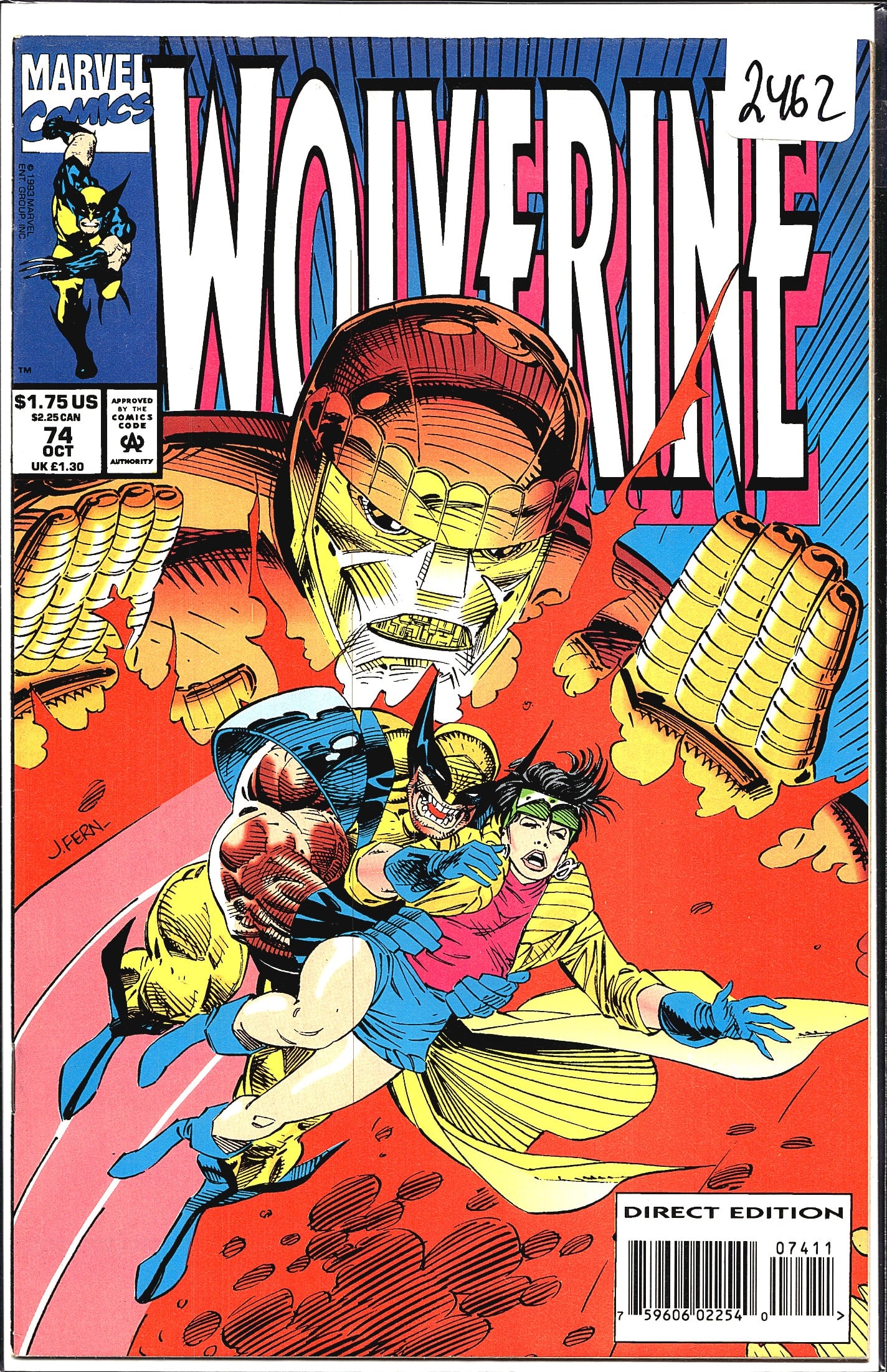 Wolverine #74 Marvel Comics Oct 1993 Direct: Wolverine #74 from Marvel Comics, published October 1993. This is a Direct Edition issue priced at $1.75 US / $2.25 CAN / UK 1.30 at time of release. The cover art, signed by J. Fern, depicts Wolverin