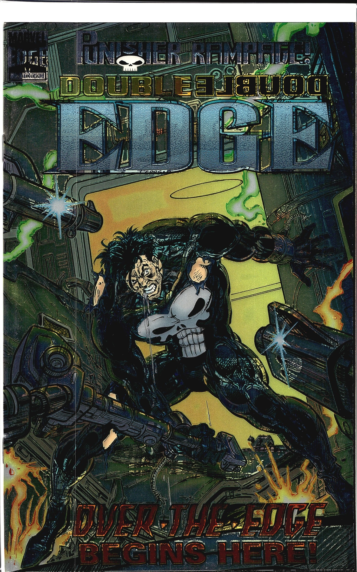 1995 Marvel Double Edge Alpha #1 Edge Comic Card: This is a Marvel Comics issue of Punisher Rampage: Double Edge, featuring the Punisher prominently on the cover in an action-packed scene surrounded by machinery and weapons. The cover tagline reads '