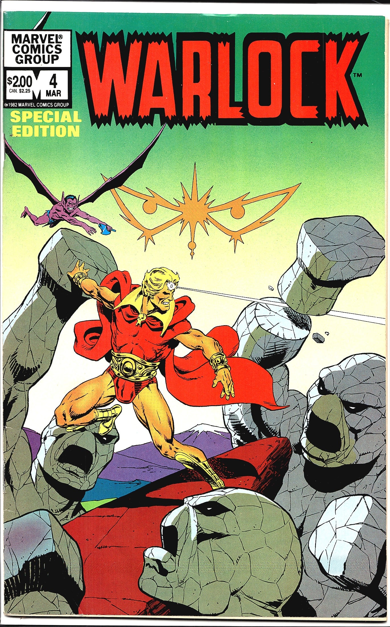 1982 Marvel Warlock Special Edition #4 Comic Book: This is Marvel Comics Warlock Special Edition #4, published in March 1982 by the Marvel Comics Group. The cover features Adam Warlock in his iconic red costume with his Soul Gem, surrounded by rocky s