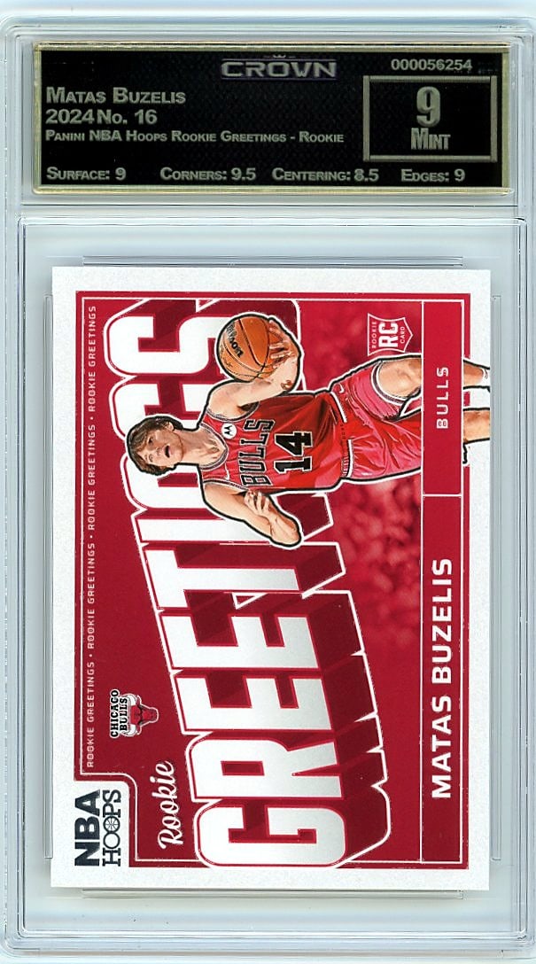 2024 Matas Buzelis Panini NBA Hoops Rookie: This is a 2024 Matas Buzelis card from the Panini NBA Hoops Rookie Greetings set, card number 16. It's a rookie card featuring one of the prospect class's most anticipated players, captured during his