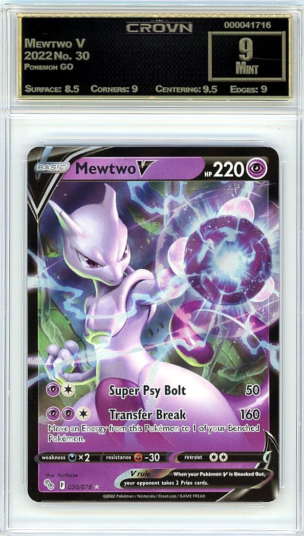 Mewtwo V 2022 Pokemon GO #30 Crown Grade 9 Mint: This is a 2022 Mewtwo V trading card from the Pokemon GO set, card number 30. The card has been professionally graded and encapsulated by Crown, one of the established grading companies in the