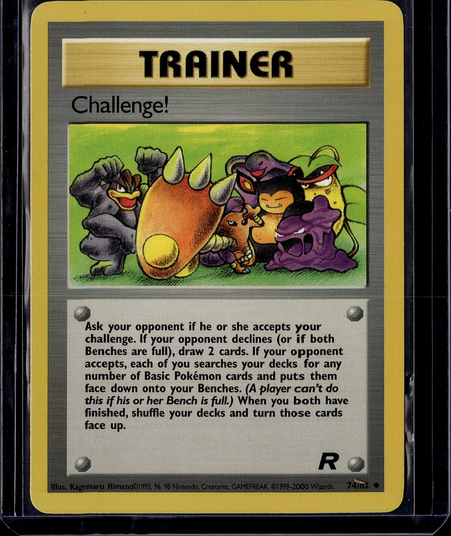 Challenge! Trainer Pokemon Base Set Card 74/102: This is an original Challenge! Trainer card from the 1999 Pokemon Base Set, card number 74/102. The card features iconic artwork by Kagemaru Himeno depicting multiple Pokemon characters in a vibrant g