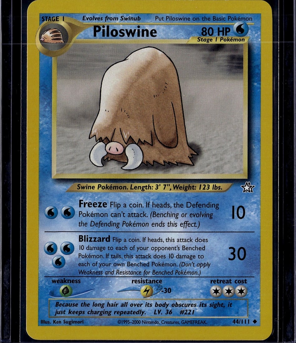 Piloswine 44/111 Neo Genesis Pokemon Card: This is an original Piloswine Pokemon trading card from the Neo Genesis set, card number 44/111. Piloswine is a Stage 1 Swine-type Pokemon that evolves from Swinub, featuring 80 HP and iconic attacks