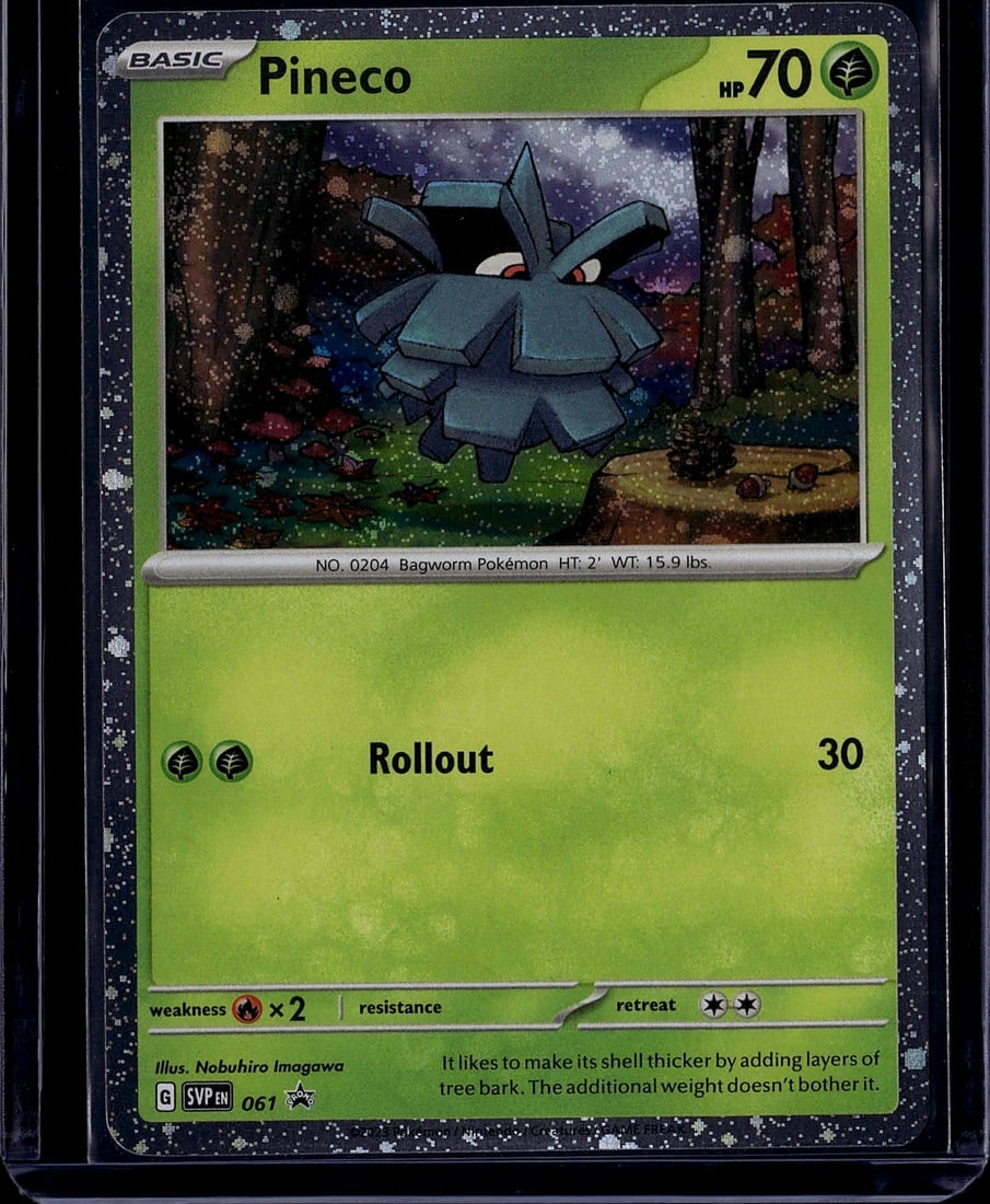 2023 Pokemon Scarlet & Violet Pineco 061/102: This is a raw Pineco Pokemon Trading Card from the Scarlet & Violet set, card number 061. Pineco is a Grass-type Basic Pokemon featuring the Bagworm Pokedex entry (No. 0204), standing at 2 feet tall