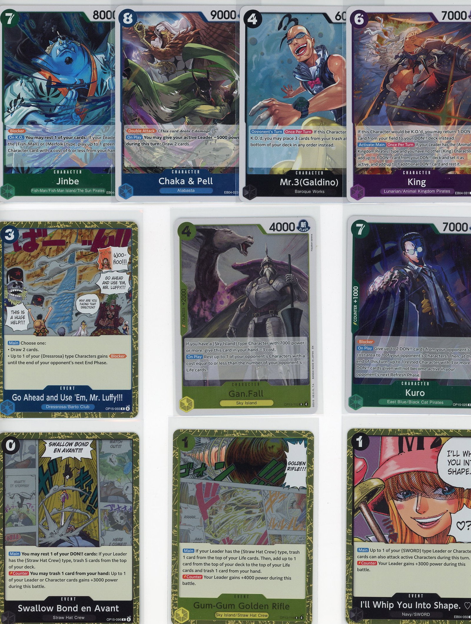 Lot of 10 One Piece Foil Trading Cards - Jinbe: This lot contains 10 One Piece foil trading cards from the Bandai One Piece Trading Card Game. The collection features a diverse mix of Character cards with varying power levels and abilities,