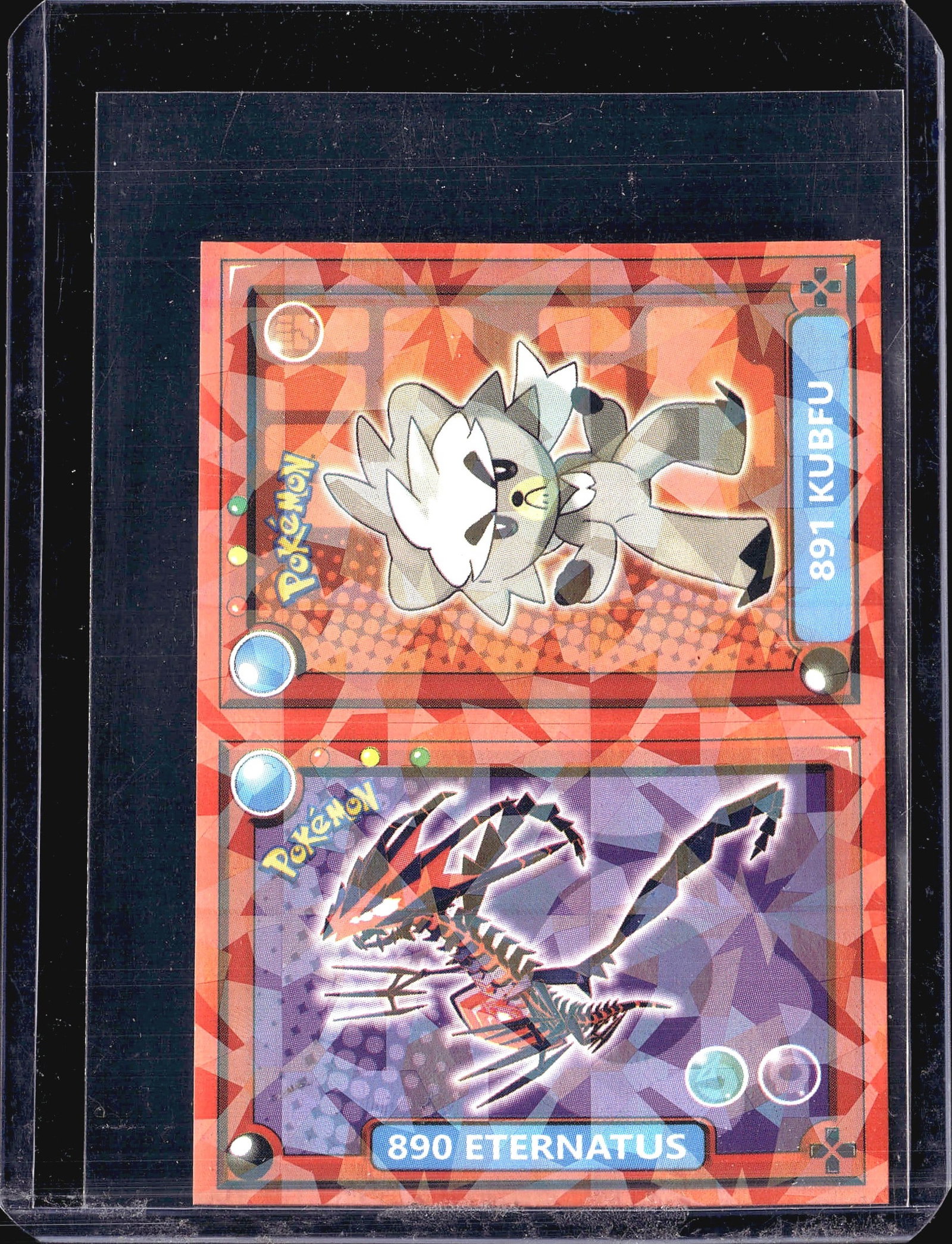 2-Card Lot Modern Pokemon Holo Trading Cards TCG: This lot contains two modern Pokemon holo cards displayed in a custom dual-card acrylic holder. The top card features Kubfu (#891), a white and tan fighting-type Pokemon with distinctive markings, sho