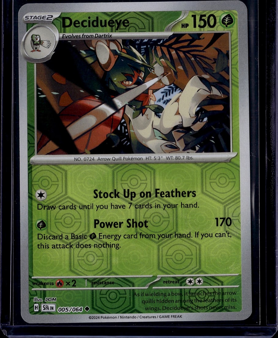 2024 Pokemon Scarlet Violet Shrouded Fable: Decidueye is a Stage 2 Grass-type Uncommon card from the Scarlet & Violet-Shrouded Fable special expansion set. The set released on August 2, 2024, and features Pokemon from the land of Kitakami.