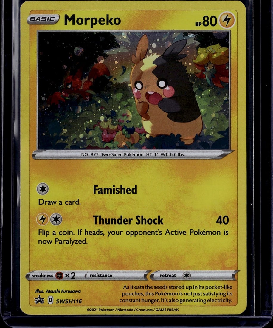 2020 Pokemon Sword & Shield Morpeko Card 78 Mint: Morpeko is a Lightning-type Basic Pokemon card (#78/202) from the Sword & Shield base set, released February 7, 2020. It features the Attack the Wound move and is based on the Galar region Pokemon wit