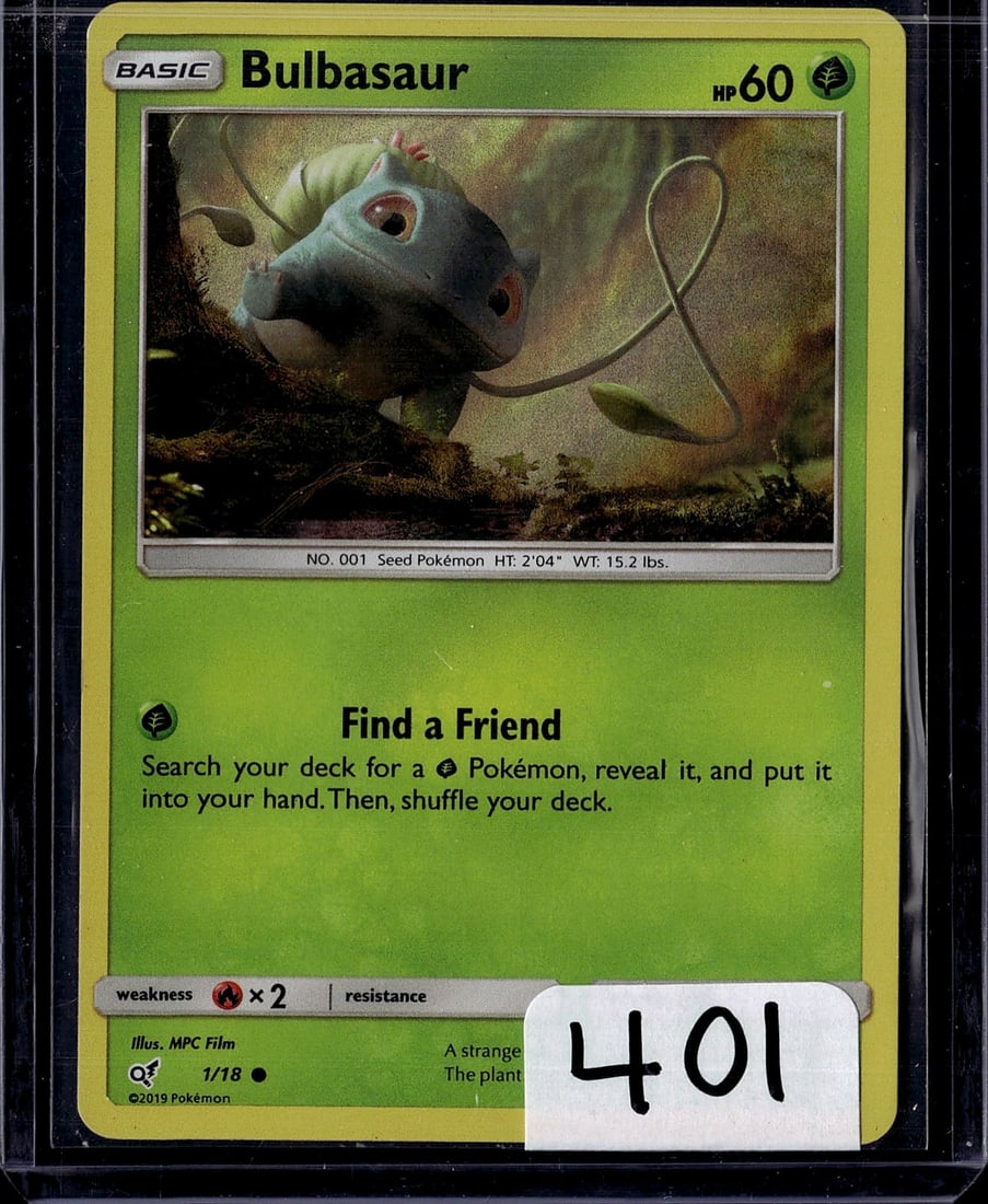 2019 Pokemon Bulbasaur #001 TCG Card - Seed: This is a 2019 Pokemon Trading Card Game Bulbasaur card (#001), featuring the iconic Grass-type Seed Pokemon from the original 151. The card displays vibrant artwork of Bulbasaur in its natural
