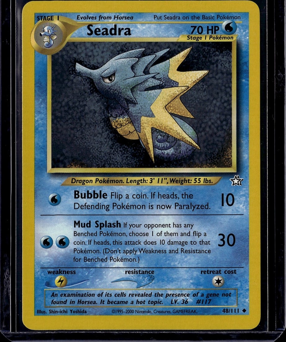 Seadra Neo Genesis 48/111 Pokemon Card - Stage 1: This is a vintage Seadra Pokemon card from the Neo Genesis set (2000), card #48/111. Seadra is a Stage 1 Dragon-type Pokemon that evolves from Horsea, featuring 70 HP with two attacks: Bubble (10