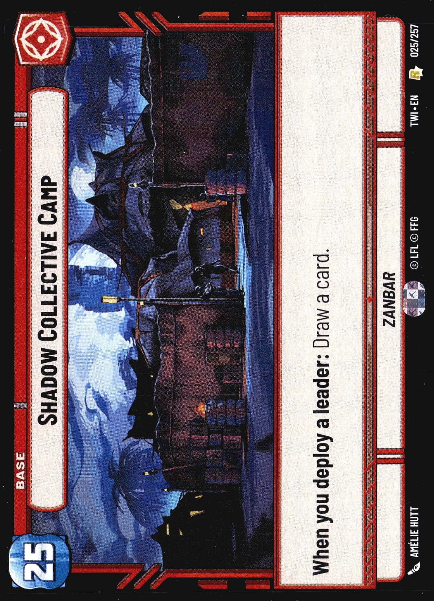 2024 FFG Twilight of the Republic 025/257 Star: This listing is for the Shadow Collective Camp, card number 025/257 from the Star Wars Unlimited Twilight of the Republic set (set code TWI), published by Fantasy Flight Games (FFG) under LFL