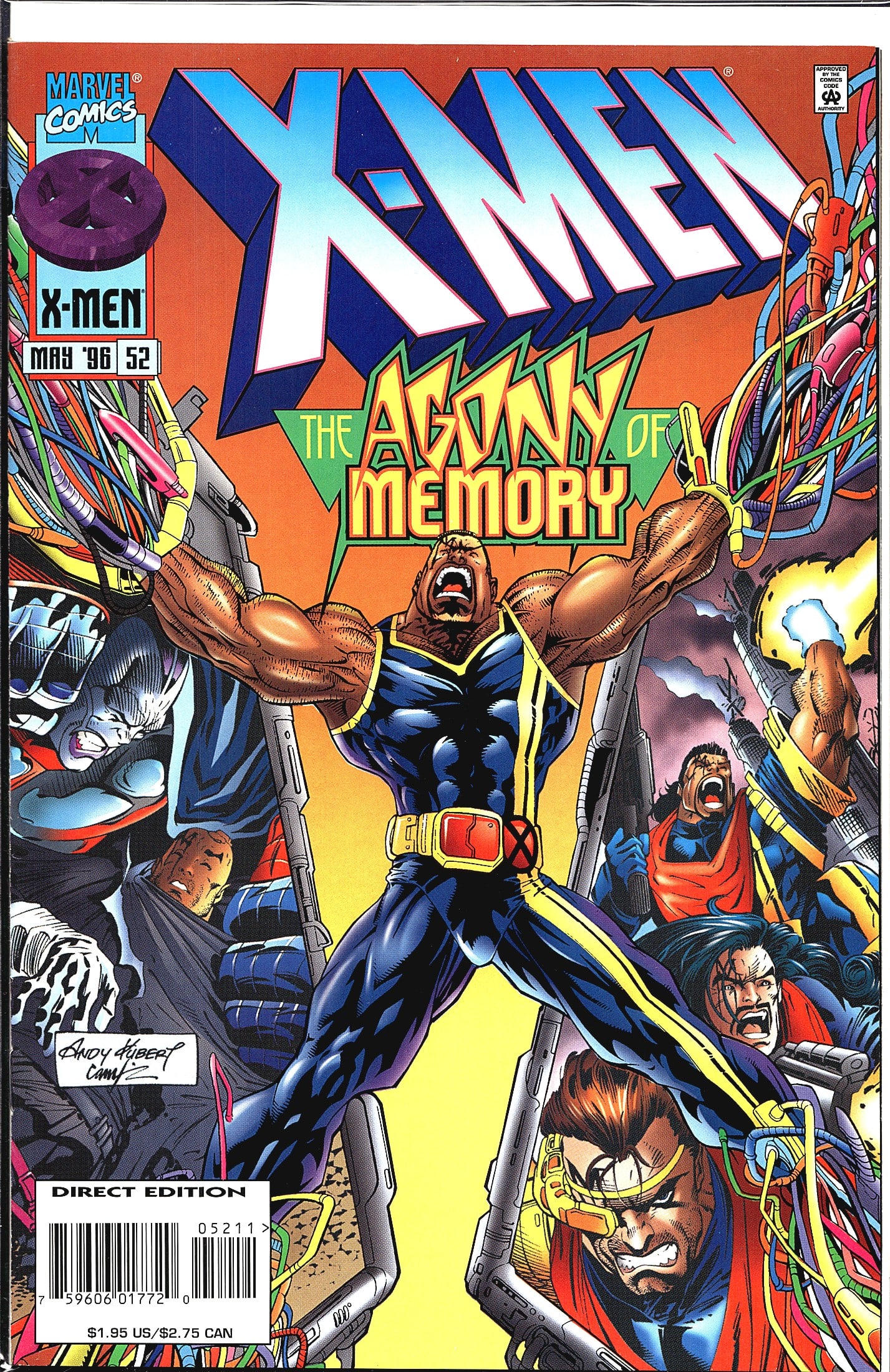 1996 Marvel X-Men 2nd Series #52 Comic Book: This is X-Men #52 published by Marvel Comics, cover dated May 1996. The issue is titled 'The Agony of Memory' and features a dramatic cover illustrated by Andy Kubert (signature visible on cover).
