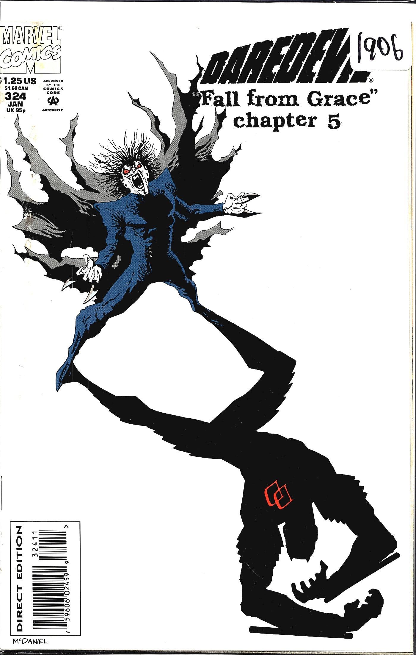 1993 Marvel Daredevil #324 Comic Book: Daredevil #324 from Marvel Comics, cover dated January 1994, is part five of the 'Fall from Grace' story arc. The cover art, credited to McDaniel, features a dramatic confrontation between a