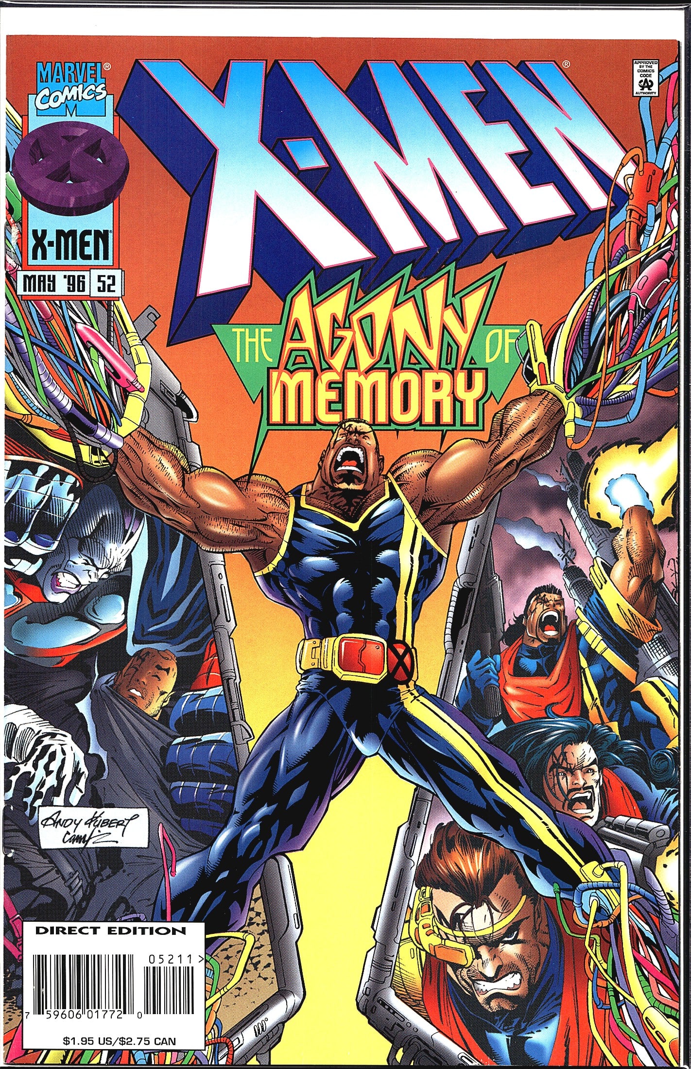 Marvel X-Men 2nd Series 1996 Bishop Card #52: X-Men #52 from Marvel Comics, cover dated May 1996, titled 'The Agony of Memory.' This Direct Edition issue features a dynamic cover illustrated by Andy Kubert (with inks by Cam Smith as signed on the