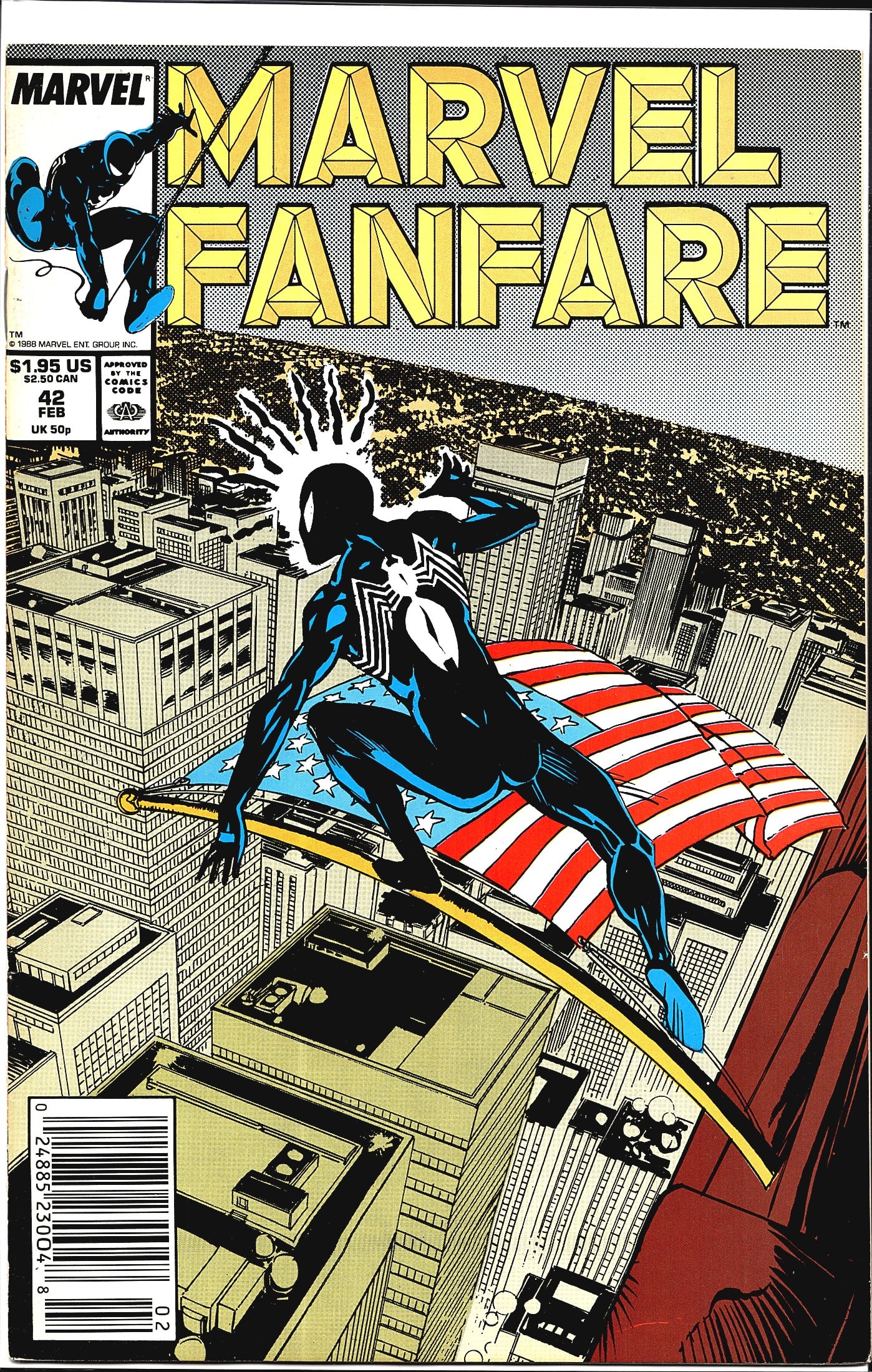 Marvel Fanfare #42 1989 Marvel Comic Book: Marvel Fanfare #42, published February 1988 by Marvel Entertainment Group, Inc., priced at $1.95 US / $2.50 CAN / 50p UK. The cover features Spider-Man in his iconic black symbiote suit perched atop a