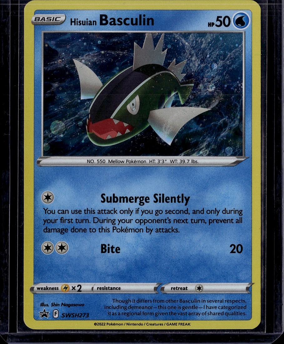 2022 Pokemon Sword & Shield Astral Radiance: Hisuian Basculin is a Water-type Basic Pokemon card (#43/189) from the Sword & Shield: Astral Radiance expansion (SWSH10), released in 2022. It is a Common-rarity card illustrated by Kagemaru Himeno.