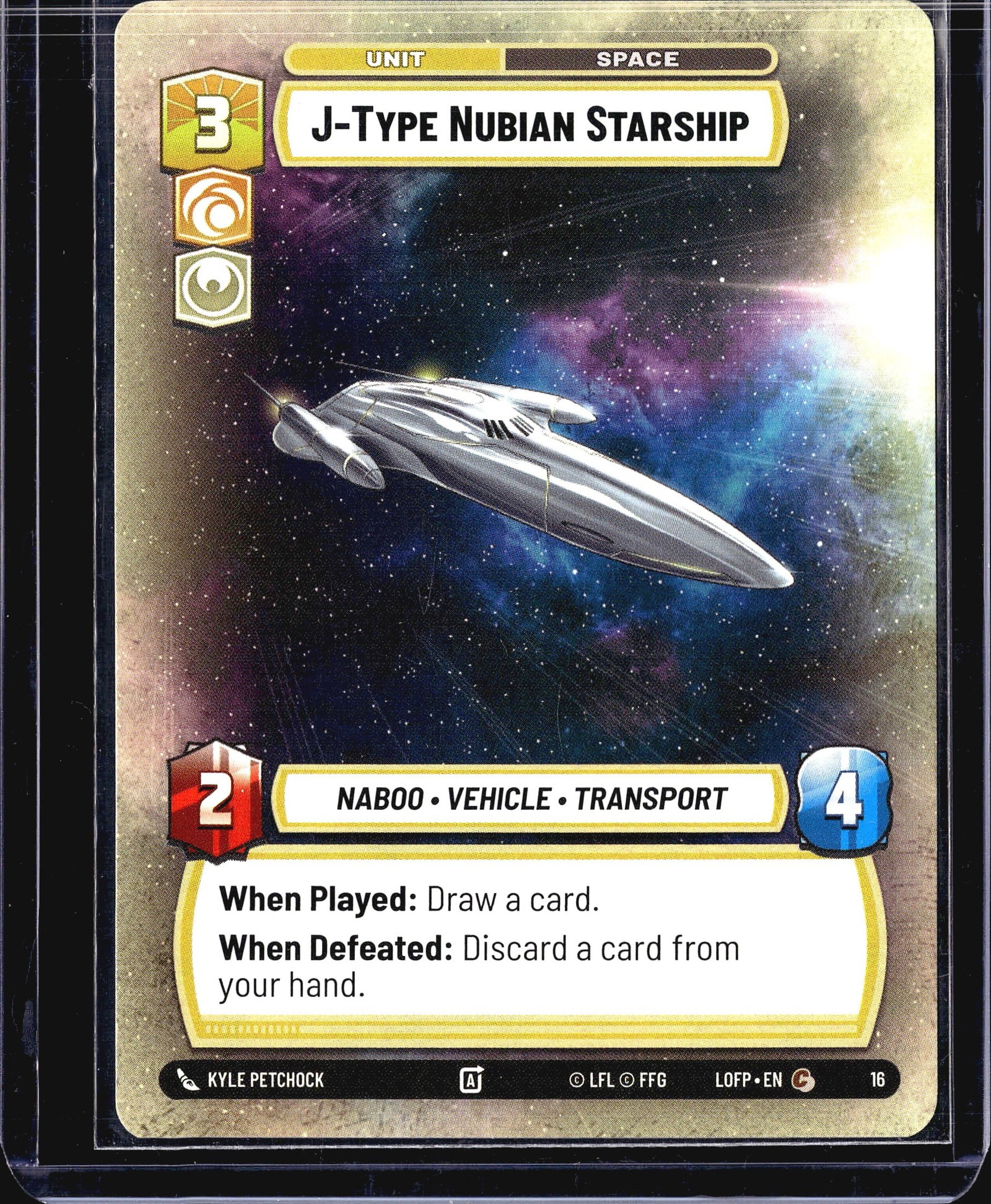 2024 Fantasy Flight Games Legends of the Force: This listing is for the J-Type Nubian Starship, card #16 from the Star Wars Unlimited trading card game set Legends of the Force (LOFP). It is a Unit - Space card with a cost of 3, featuring two