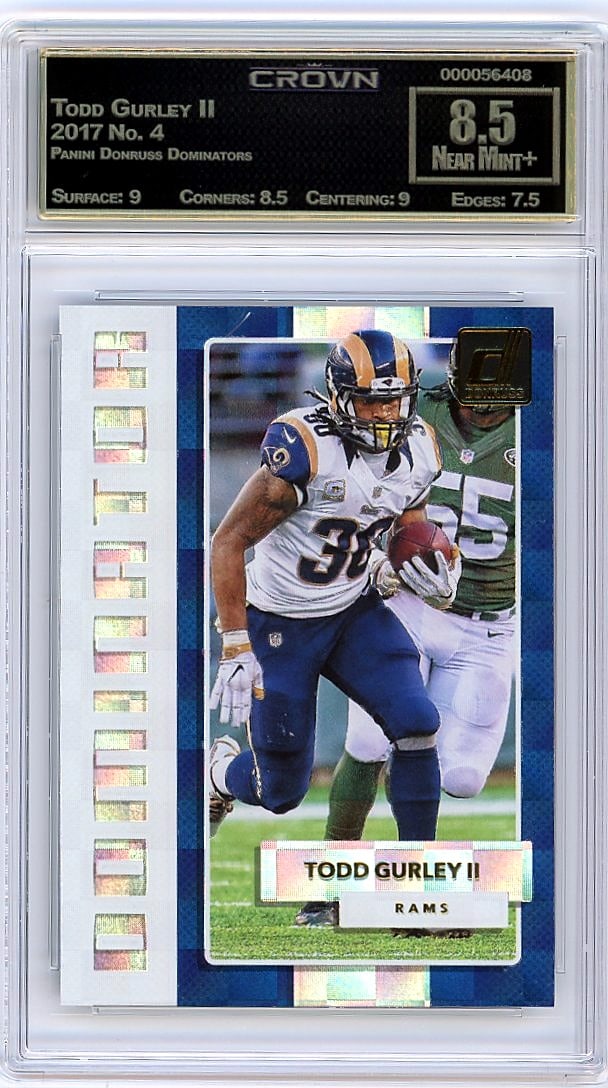 2017 Todd Gurley II Panini Donruss Dominators #4: This is a 2017 Todd Gurley II card from the Panini Donruss Dominators set, card number 4. Donruss Dominators is a premium subset known for highlighting elite players at their position, and this piece