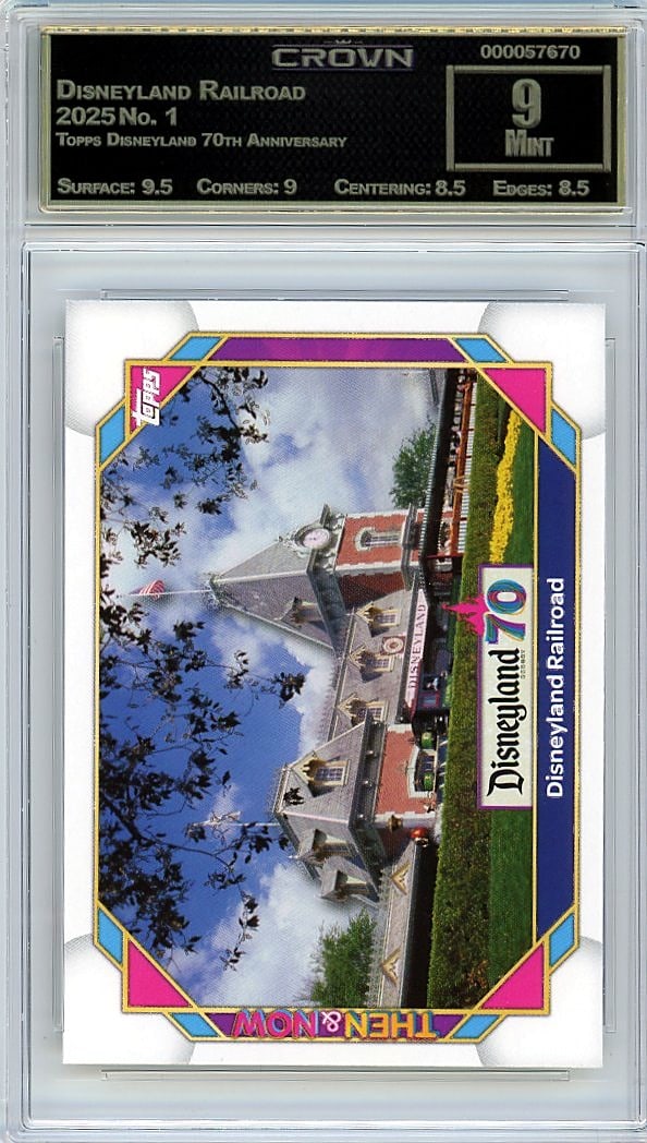 2025 Disneyland Railroad Topps Disneyland 70th: This 2025 Disneyland Railroad Topps Disneyland 70th Anniversary #1 card graded Crown 9.00 is a premium collectible from one of the most celebrated anniversary sets in modern trading card history. The