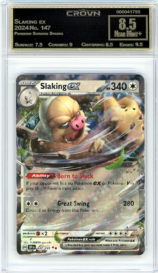 2024 Slaking ex Pokemon Surging Sparks #147: Graded by Crown Grading. Grade: 8.50. Near Mint+
