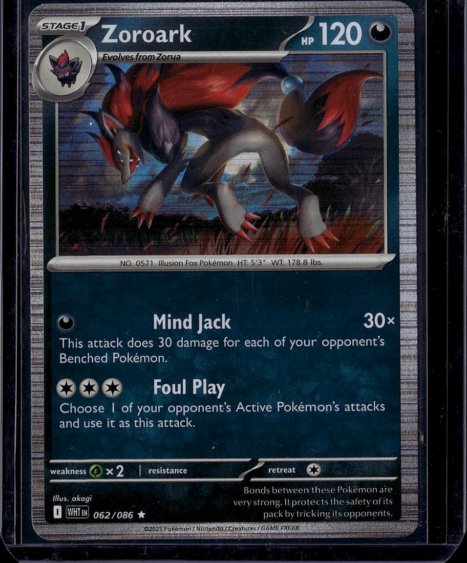 Zoroark 062/086 Scarlet & Violet Pokemon Card: This is a raw Pokemon single from the Scarlet & Violet set, featuring Zoroark (NO. 0571), the Illusion Fox Pokemon. Card number 062/086, Stage 1 evolution from Zorua, with 120 HP and a Dark-type