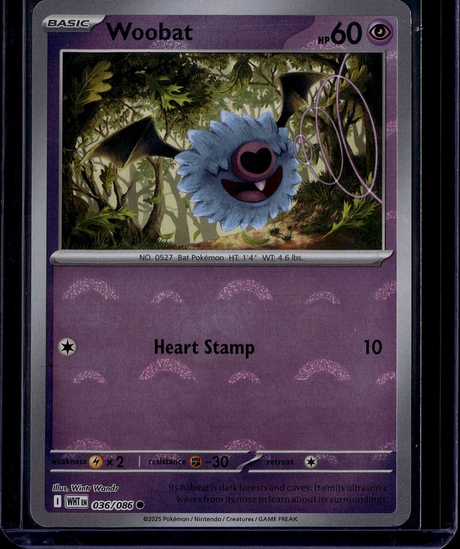 2025 Pokemon Scarlet Violet White Flare Woobat: Woobat is a Common Basic Psychic-type Pokemon card from the English Scarlet & Violet: White Flare set. It is card 036/086 in the 132-card set released in 2025. The card is available in Base, Reverse