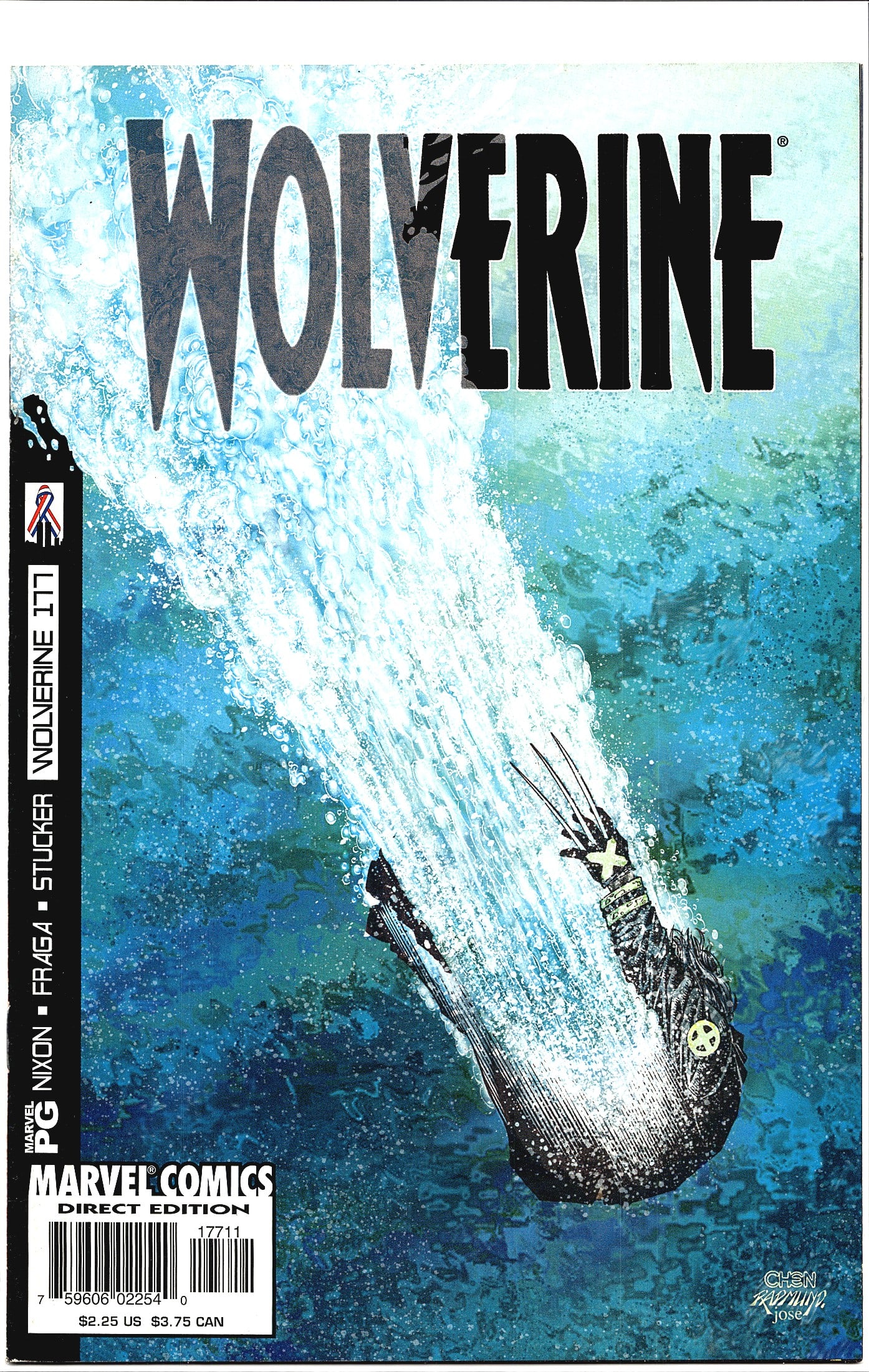 2002 Marvel Wolverine #177 Comic Book Collectible: This is Wolverine #177, published by Marvel Comics as a Direct Edition. The cover art by Chen depicts Wolverine plunging into water, claws extended, shown from an underwater perspective with dramatic 